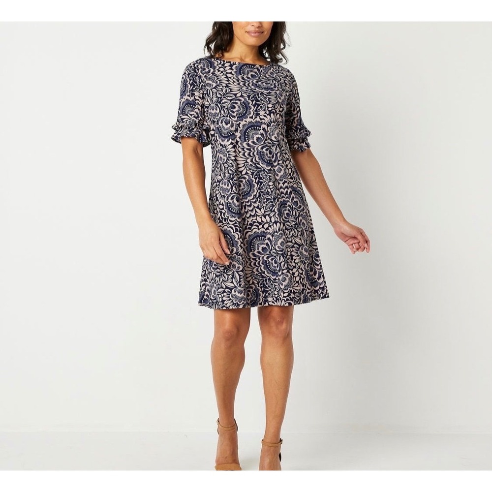 Perceptions New York Navy Blue Pink Floral Ruffle Sleeve Shift Dress XL